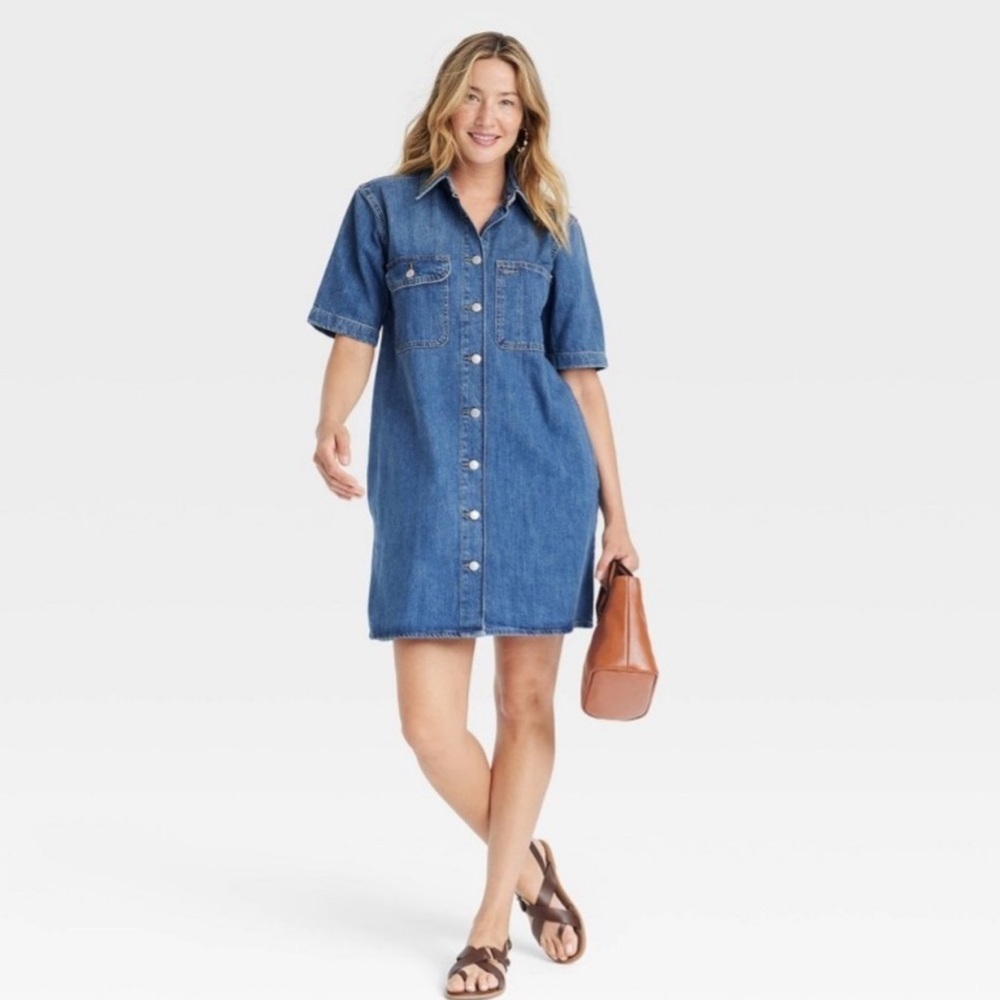 Denim Shirt Dress Short Sleeve Button Down